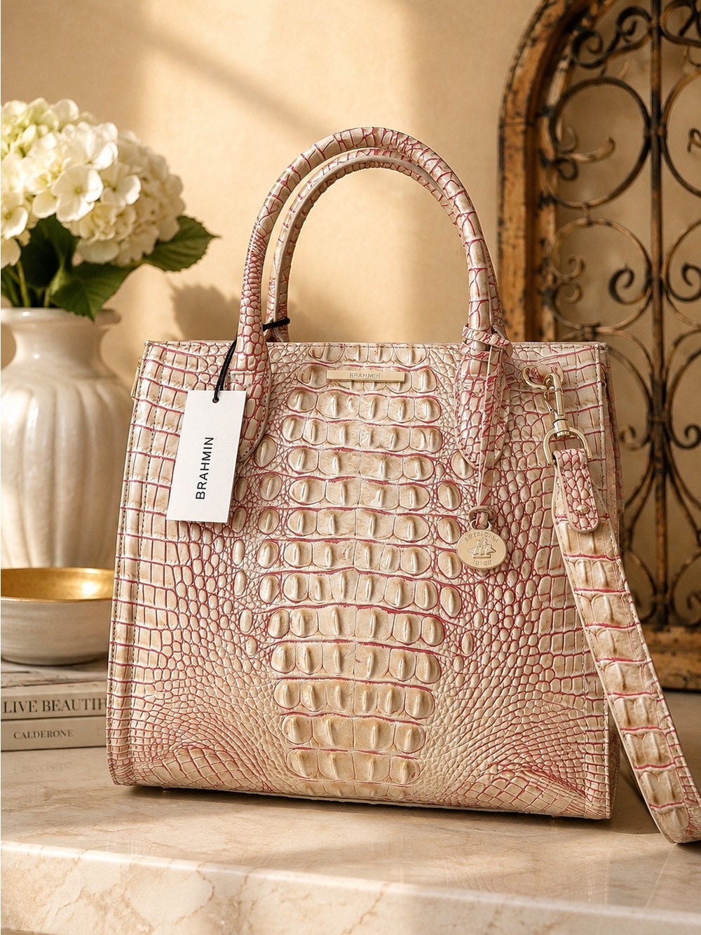 Brahmin Caroline Satchel Sunkiss Melbourne Croc Embossed Leather NWT old money
